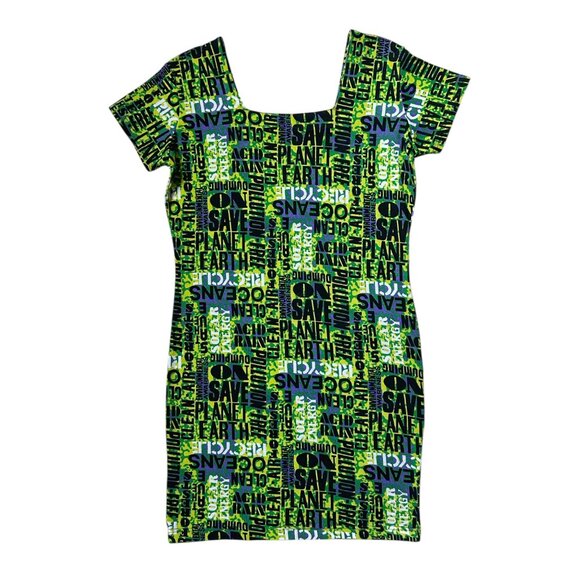 90s vintage Environment Slogan Print Mini Dress Stretch Bodycon Planet Earth. - Picture 5 of 7